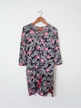 Tracy Negoshian Dress Large Blue Pink Shell Starfish Beach Nautical Pom Pom Trim